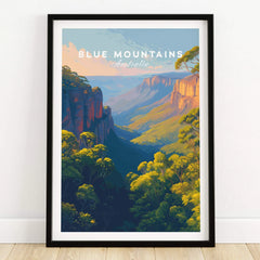Blue Mountains Australia art print in black frame on wooden floor, landscape wall decor