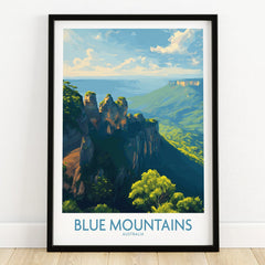 Blue Mountains Australia art print in black frame on wooden floor, travel poster wall art