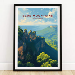 Framed Blue Mountains Australia art print with scenic landscape illustration on wooden floor
