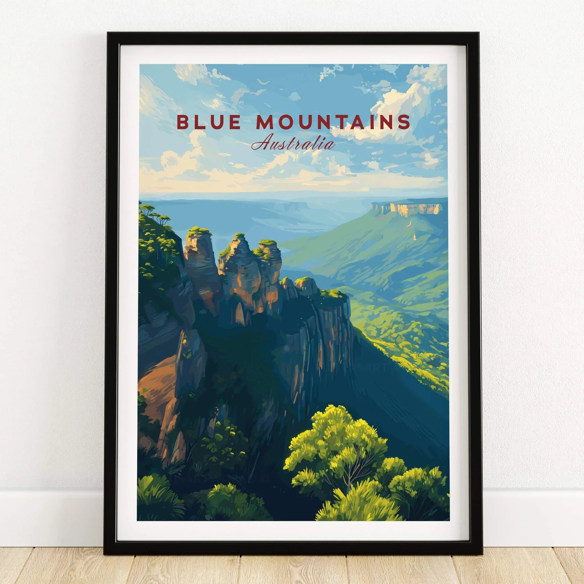 Framed Blue Mountains Australia art print with scenic landscape illustration on wooden floor