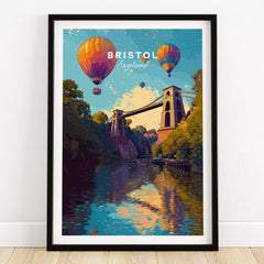Bristol Travel Poster – Clifton Suspension Bridge and Hot Air Balloons Art featuring colorful balloons over the iconic bridge.