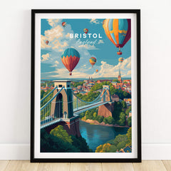 Bristol Travel Poster – Cityscape and Clifton Suspension Bridge Print featuring hot air balloons over Bristol.
