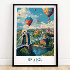 Bristol England Print – Hot Air Balloons Over Historic City Wall Art featuring colorful hot air balloons over the Clifton Suspension Bridge.