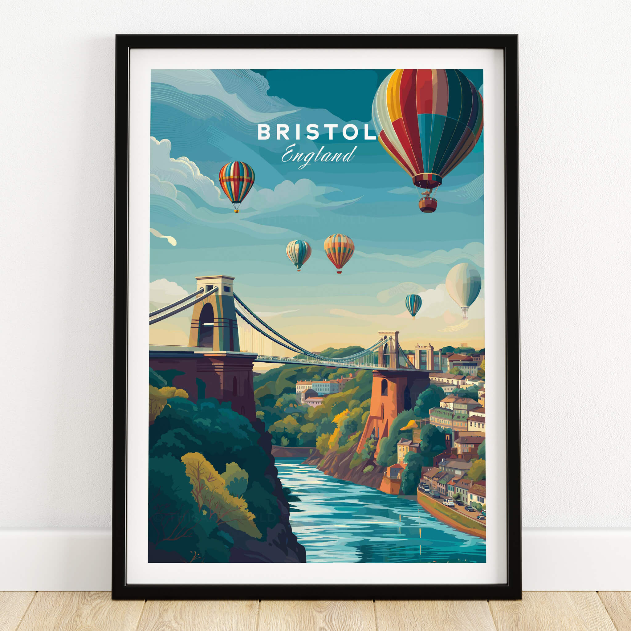 Bristol Art Print - Clifton Bridge Poster featuring colorful hot air balloons over the iconic Clifton Bridge.