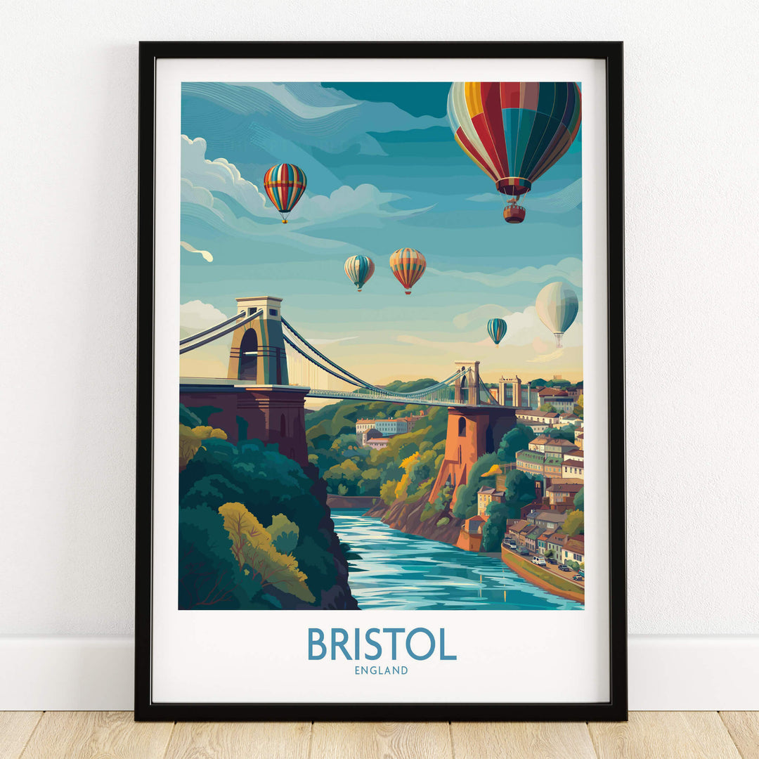 Bristol Canvas Print - Wall Art Poster featuring the iconic Clifton Suspension Bridge and hot air balloons.