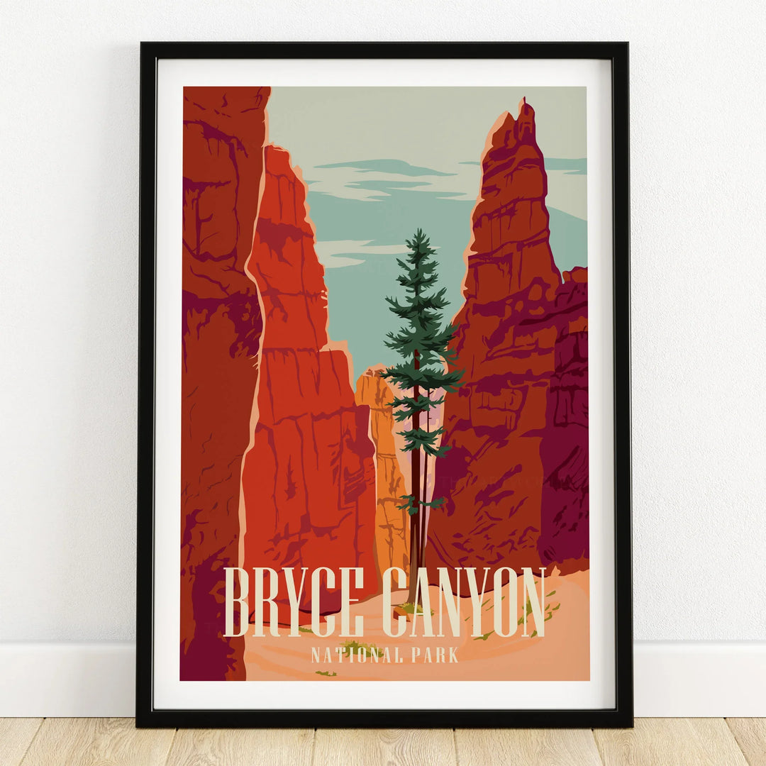 Bryce Canyon National Park art print in black frame, red rock cliffs, pine tree, travel poster