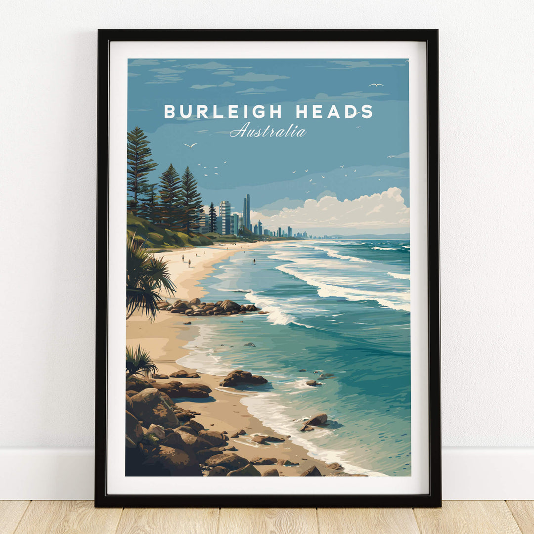 Burleigh Heads Australia Poster – Gold Coast Skyline & Iconic Surf Beach Wall Art showcasing the stunning beaches and skyline.