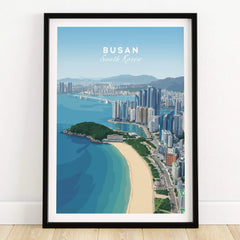 Busan South Korea skyline art print in black frame on wooden floor, beach and cityscape view
