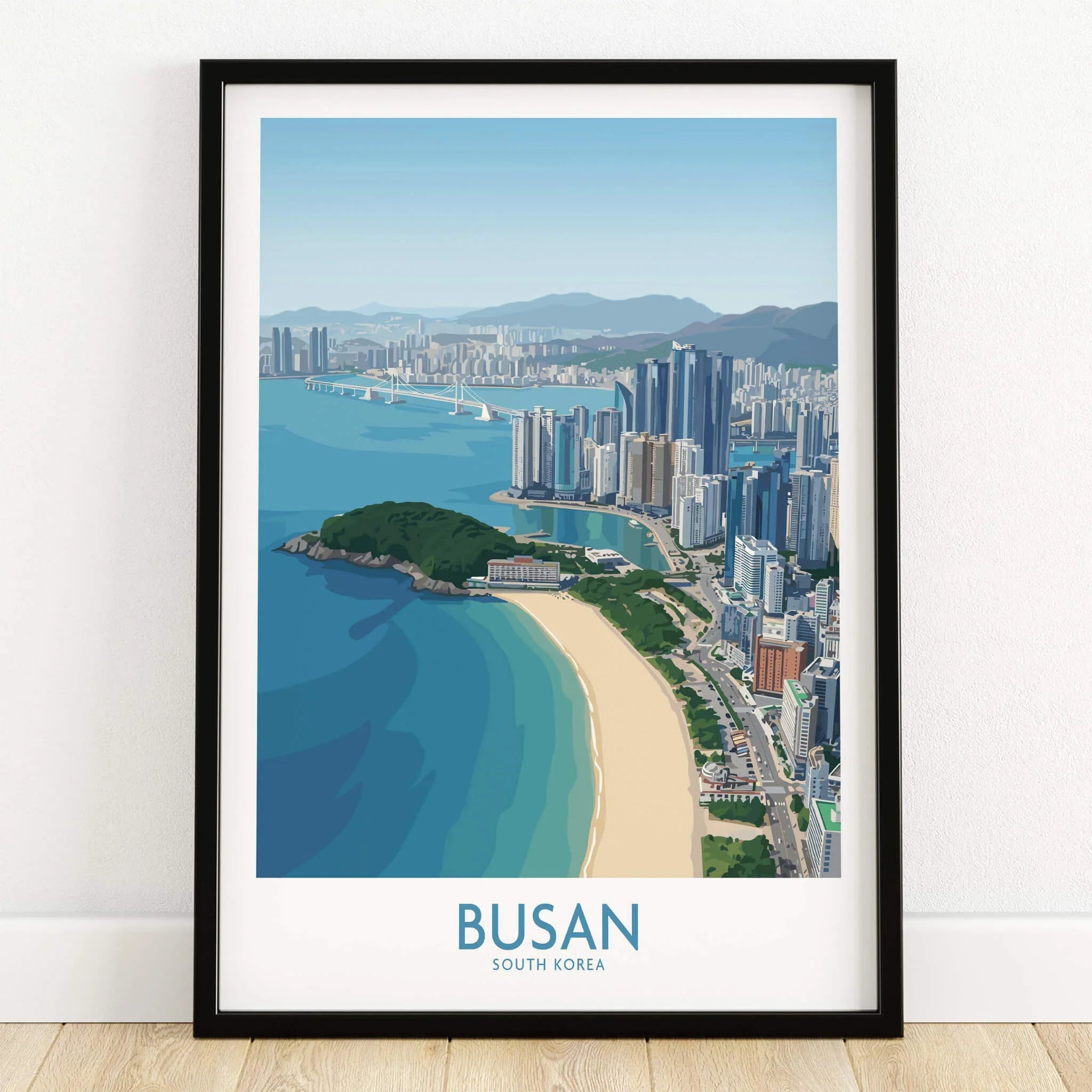 Busan South Korea art print in black frame with city skyline, beach, and ocean view