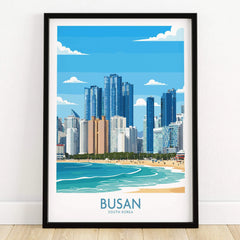 Busan South Korea skyline wall art print in black frame on wooden floor