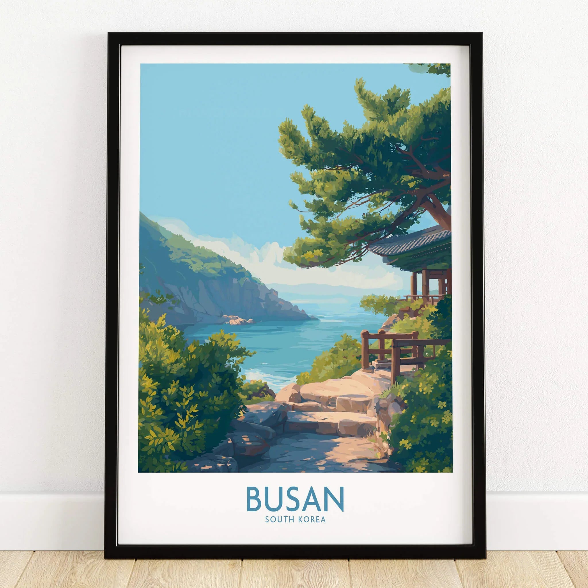 Busan South Korea art print in black frame, coastal landscape with pavilion and ocean view