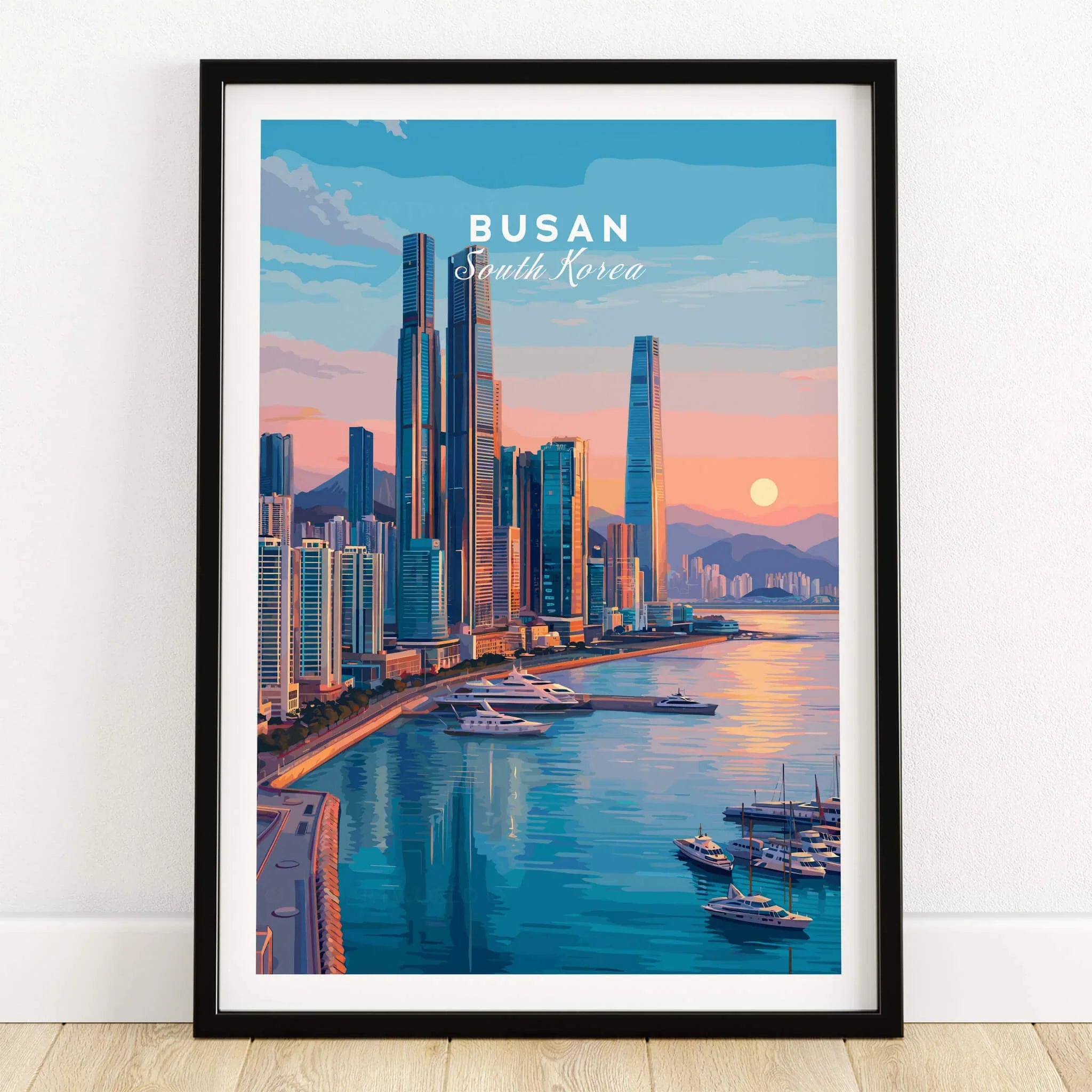 Busan South Korea skyline art print in black frame on wooden floor, cityscape wall art