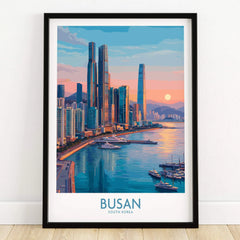 Busan South Korea city skyline art print in black frame with sunset and waterfront view
