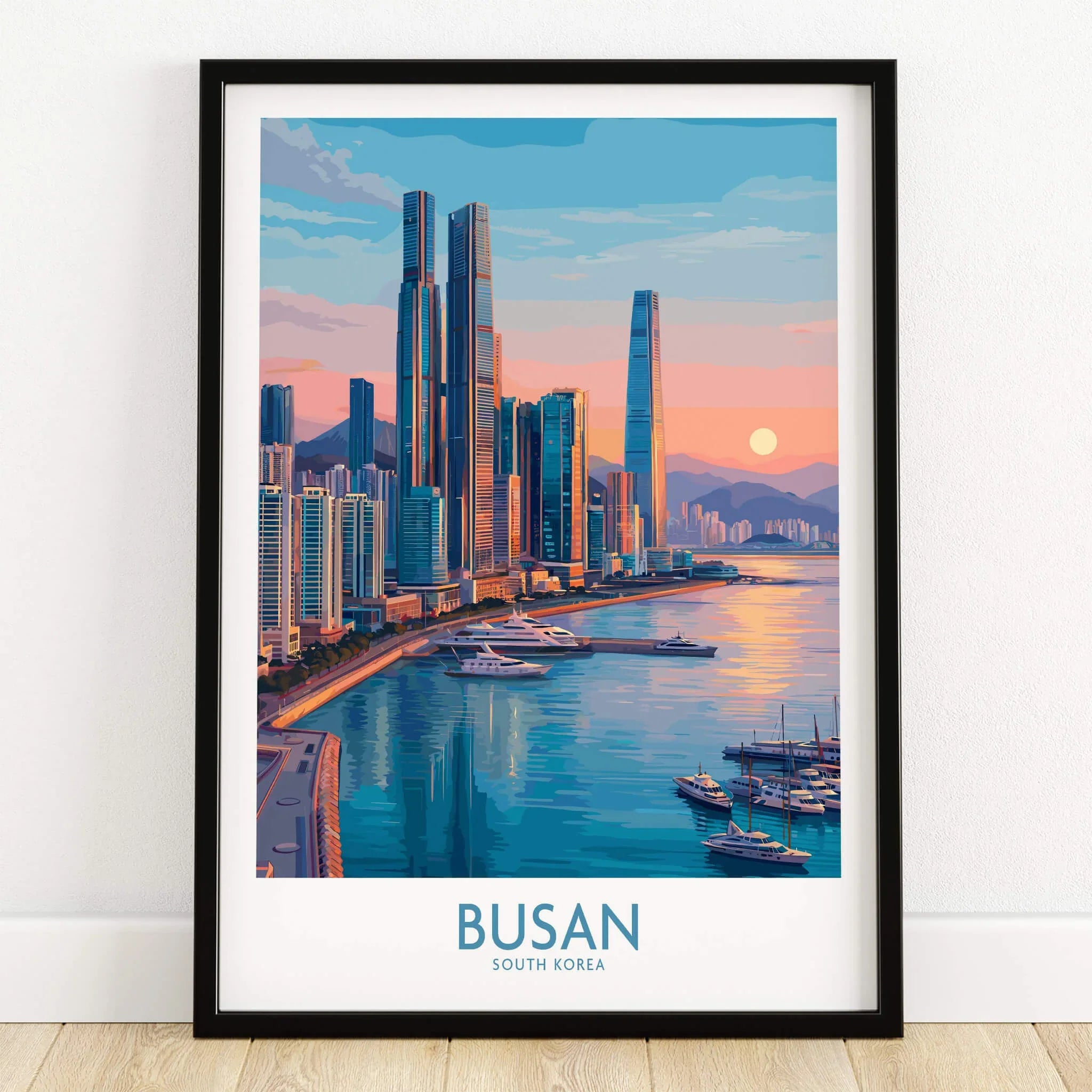 Busan South Korea city skyline art print in black frame with sunset and waterfront view