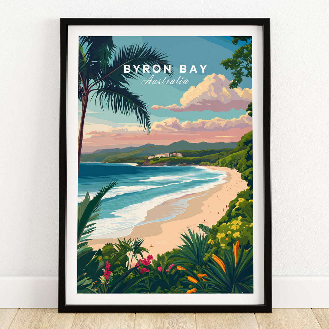 Byron Bay Australia Travel Poster showcasing breathtaking beach views and lush scenery.