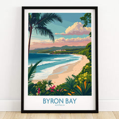 Byron Bay Poster - Australia Wall Art featuring a vibrant coastal scene with palm trees and a beach.
