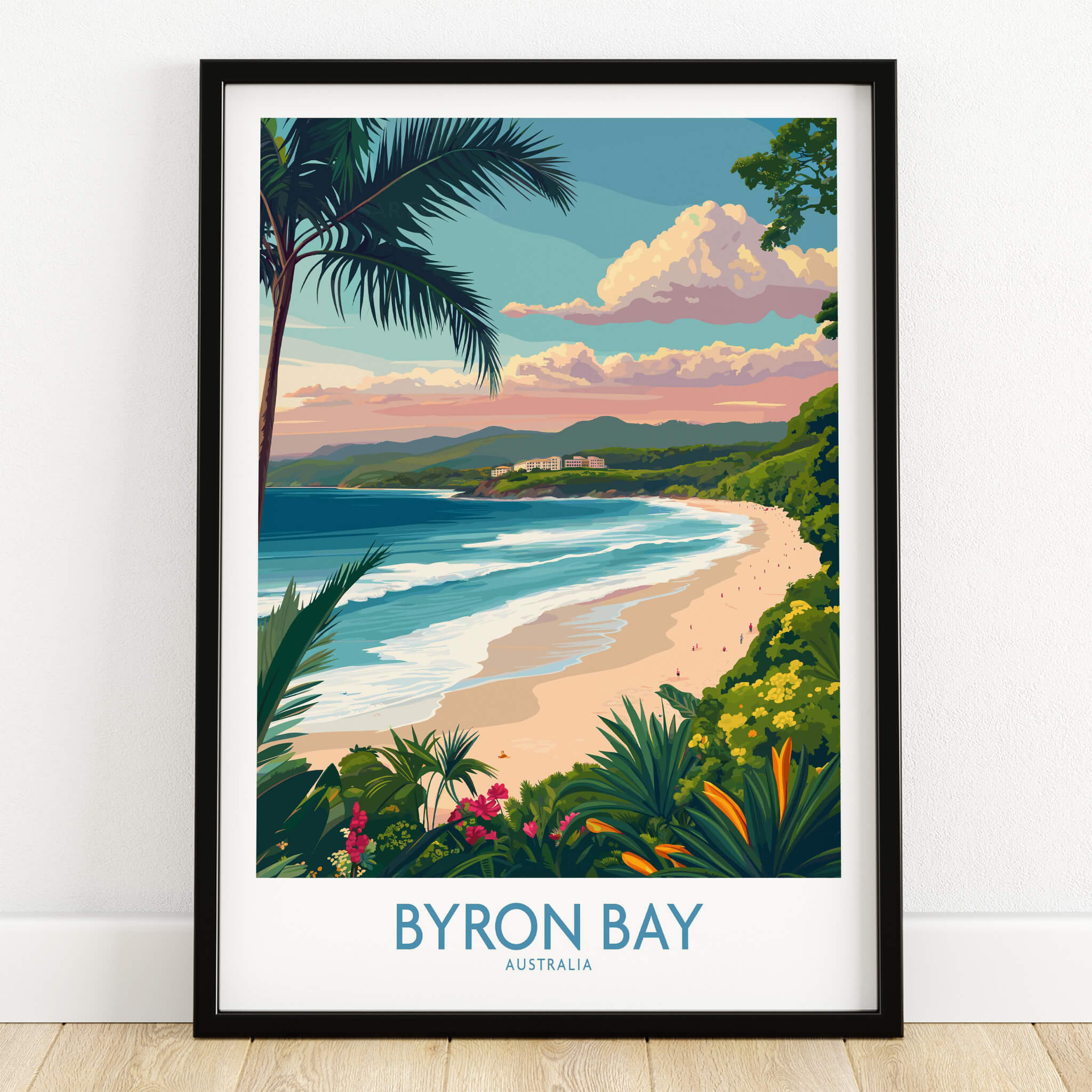 Byron Bay Poster - Australia Wall Art featuring a vibrant coastal scene with palm trees and a beach.
