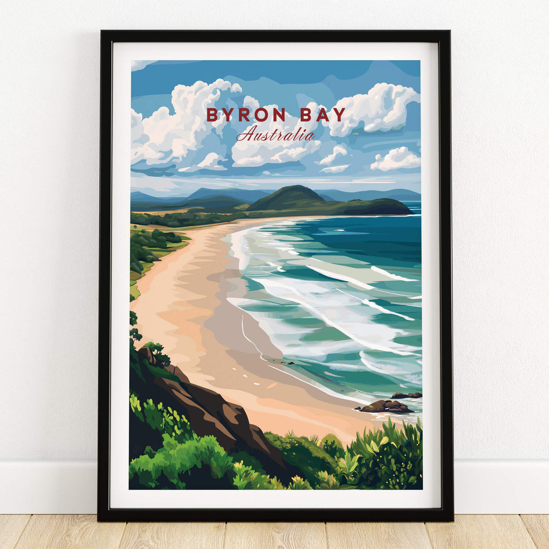 Byron Bay Beach Print - Australia Wall Art featuring the stunning coastline and vibrant landscape of Byron Bay.
