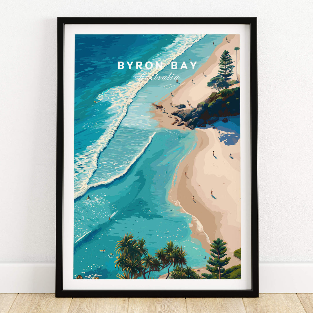 Byron Bay Art Print featuring an aerial view of pristine shores and turquoise waters in Australia.