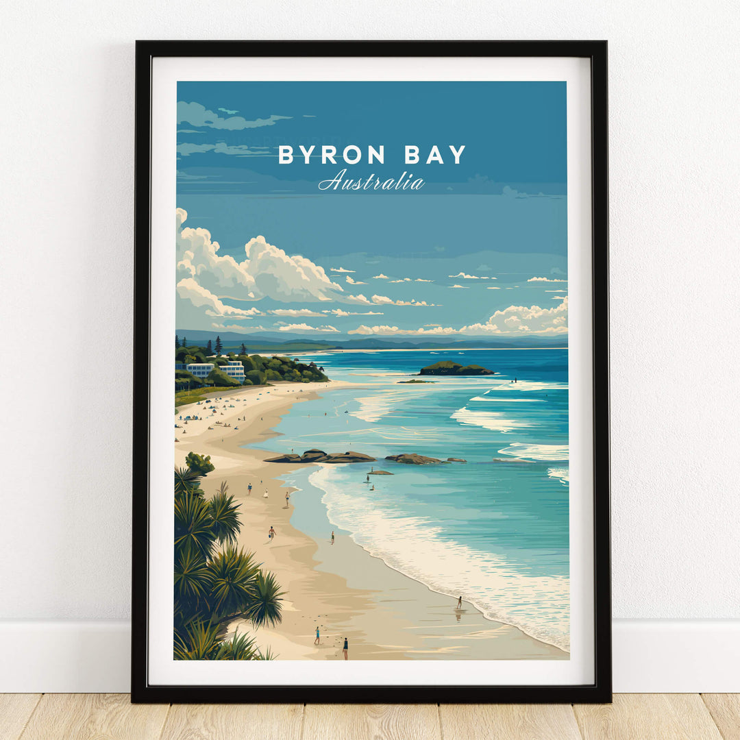 Byron Bay Poster - Canvas Beach Print featuring a vibrant beach scene with blue skies and waves.