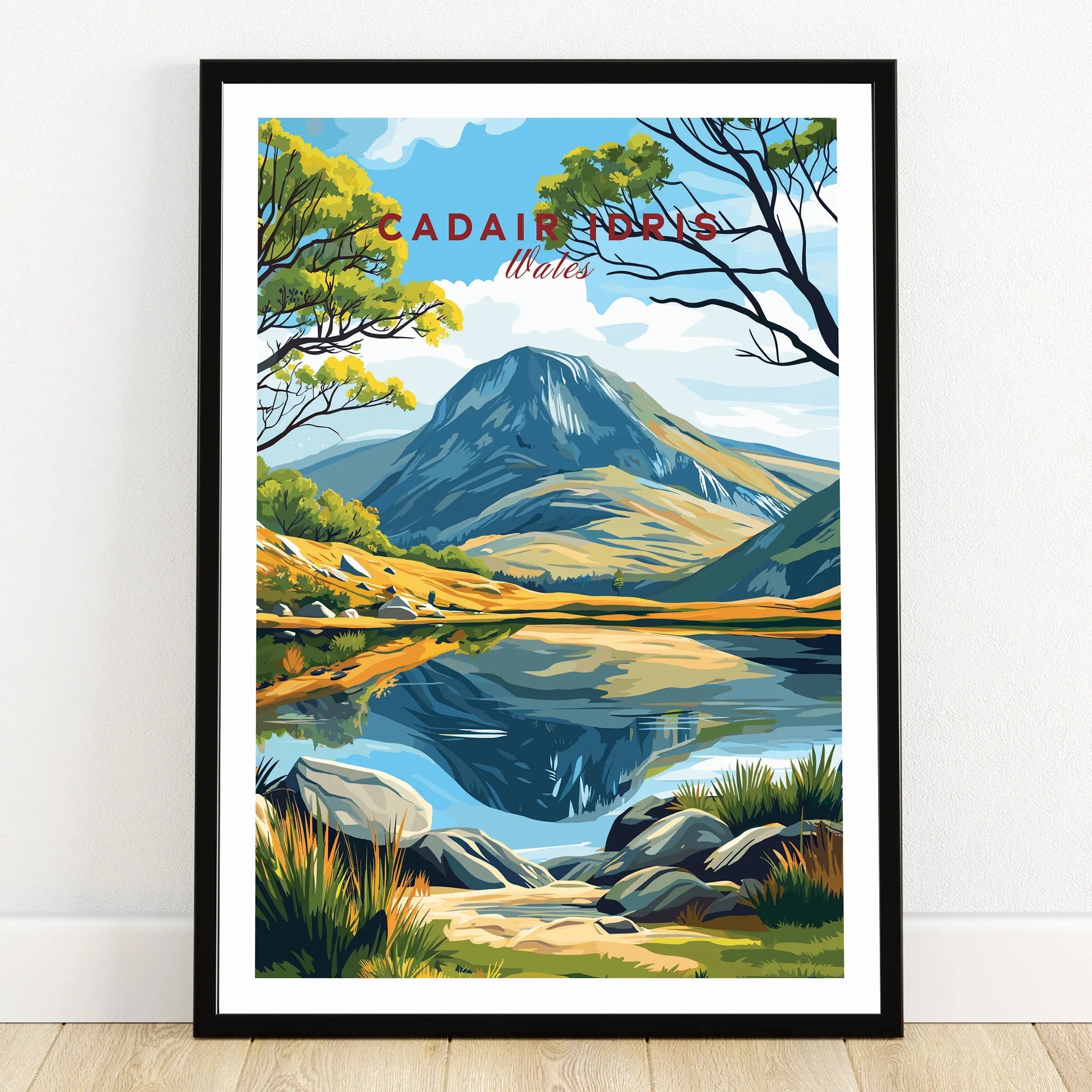 Framed art print of Cadair Idris mountain with lake reflection, nature wall decor