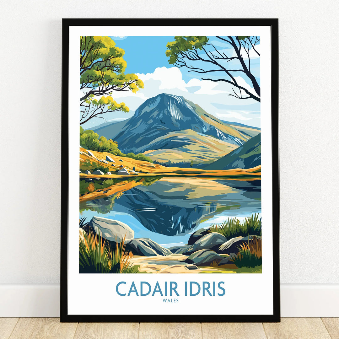 Framed art print of Cadair Idris mountain in Wales with vibrant landscape and lake reflection.