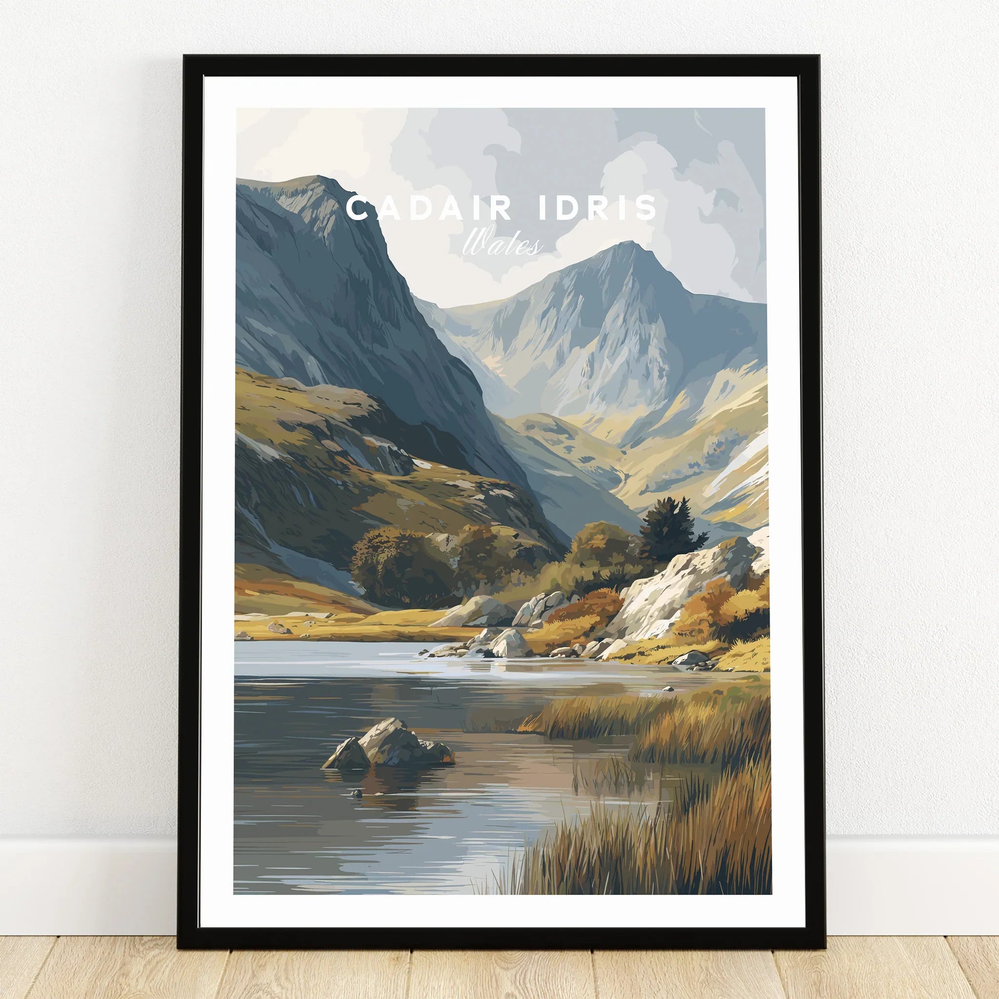 Framed art print of Cadair Idris mountain landscape with lake and grassy shore.