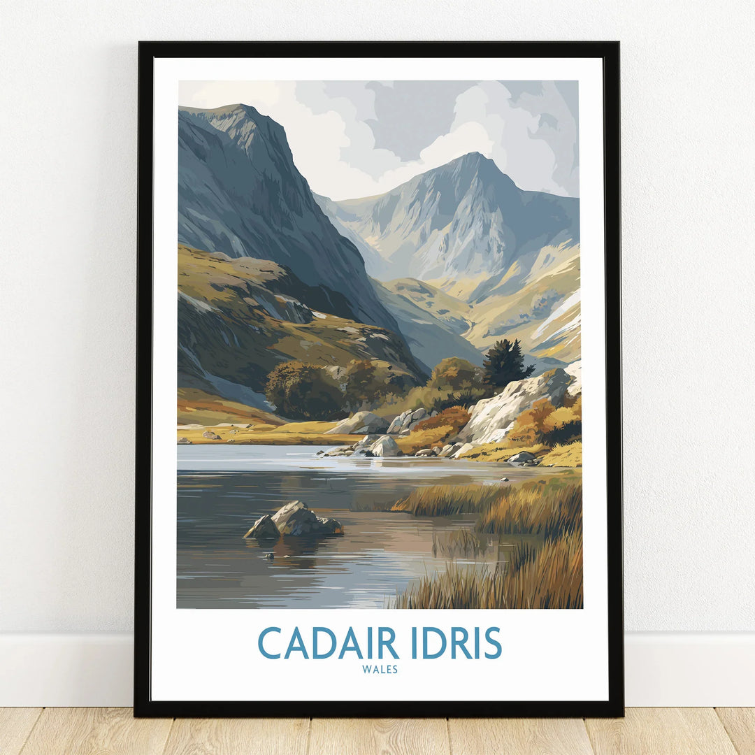 Framed art print of Cadair Idris mountain and lake landscape, modern wall decor
