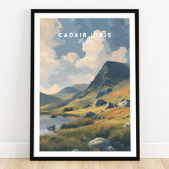 Framed art print of Cadair Idris mountain landscape in Wales with lake and grassy hills