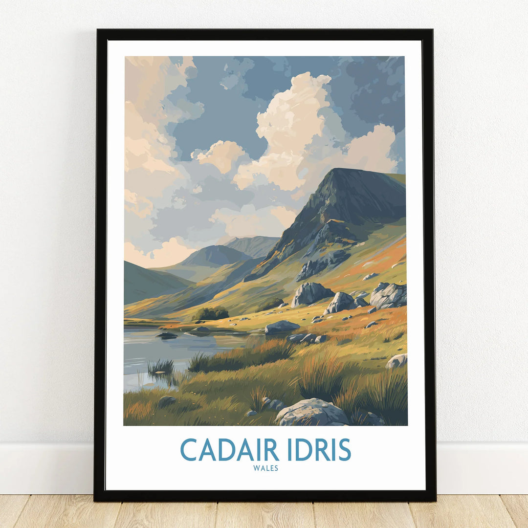 Framed wall art print of Cadair Idris mountain landscape, nature travel poster on wooden floor