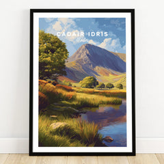 Framed art print of Cadair Idris mountain landscape with lake, trees, and grassy valley.