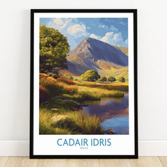 Framed art print of Cadair Idris mountain landscape with lake and trees in Wales.