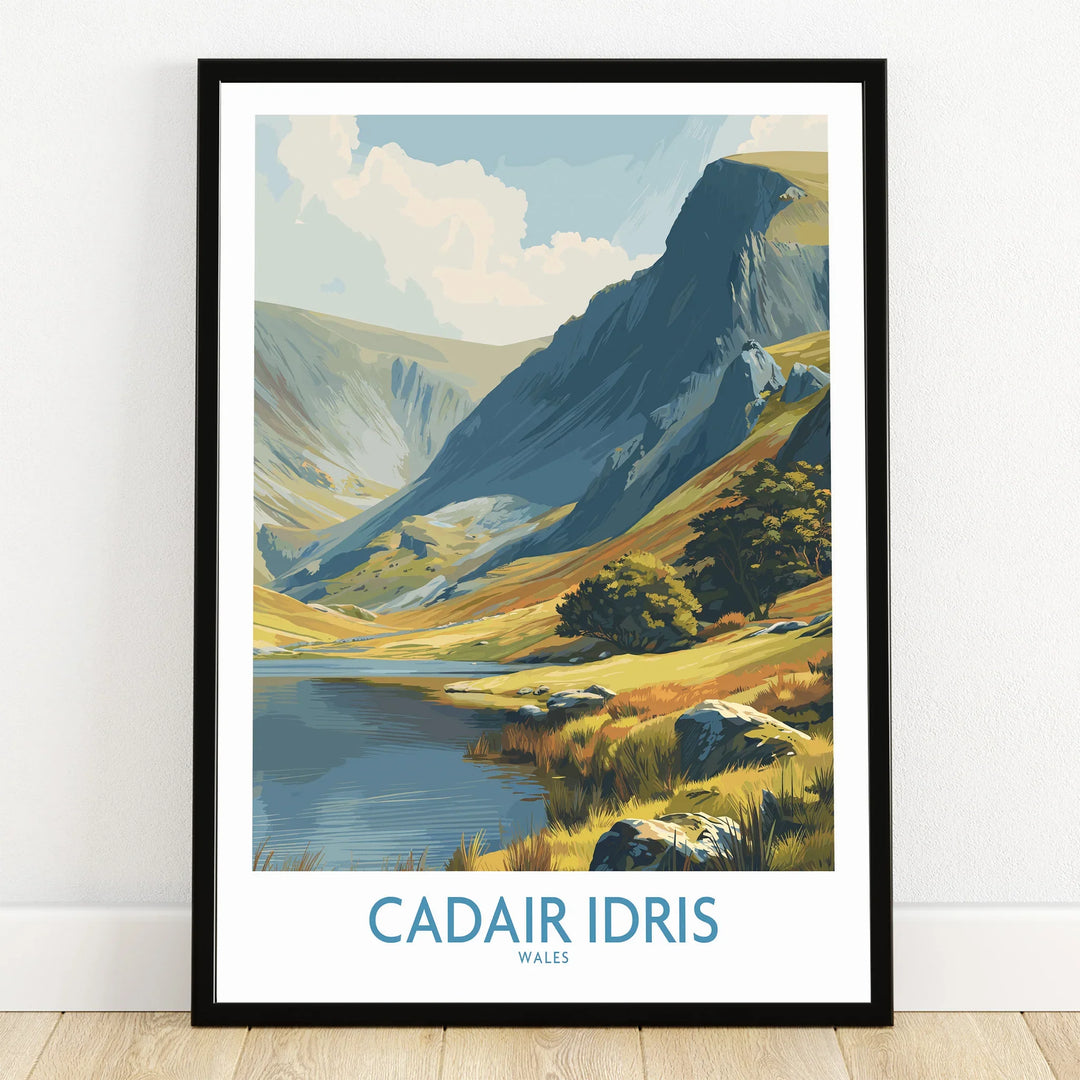 Framed art print of Cadair Idris Wales, mountain landscape with lake and greenery.