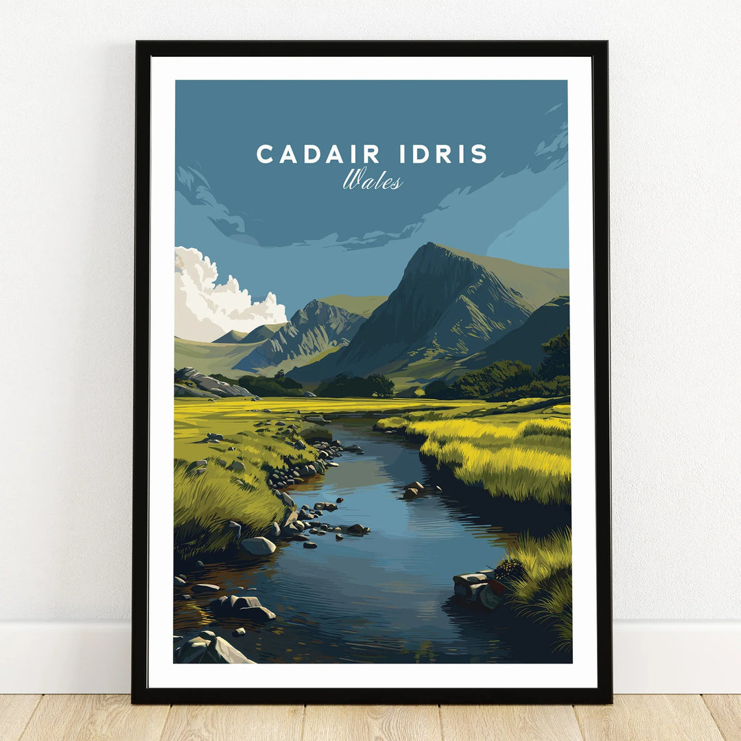Framed art print of Cadair Idris Wales landscape with river, mountains, and green fields