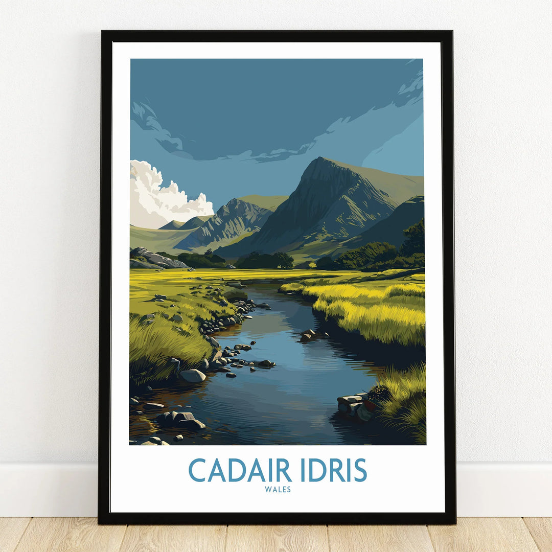 Framed art print of Cadair Idris Wales landscape with mountains and river in a modern style