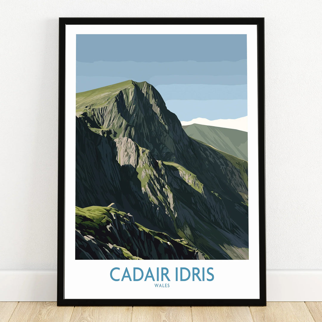 Cadair Idris Wales art print in black frame on wooden floor, mountain landscape wall art