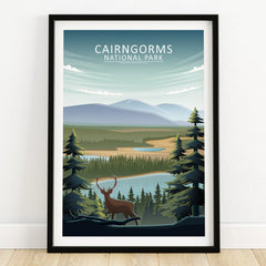 Cairngorms National Park art print with stag, pine trees, lake, and mountain landscape in black frame.