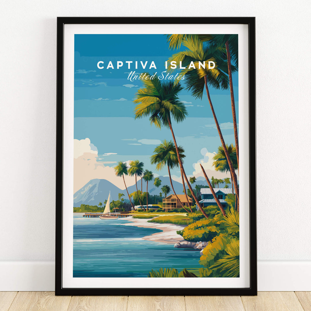 Captiva Island Travel Poster – Florida Beach Houses and Palm Trees Art in a framed design with palm trees and ocean view.