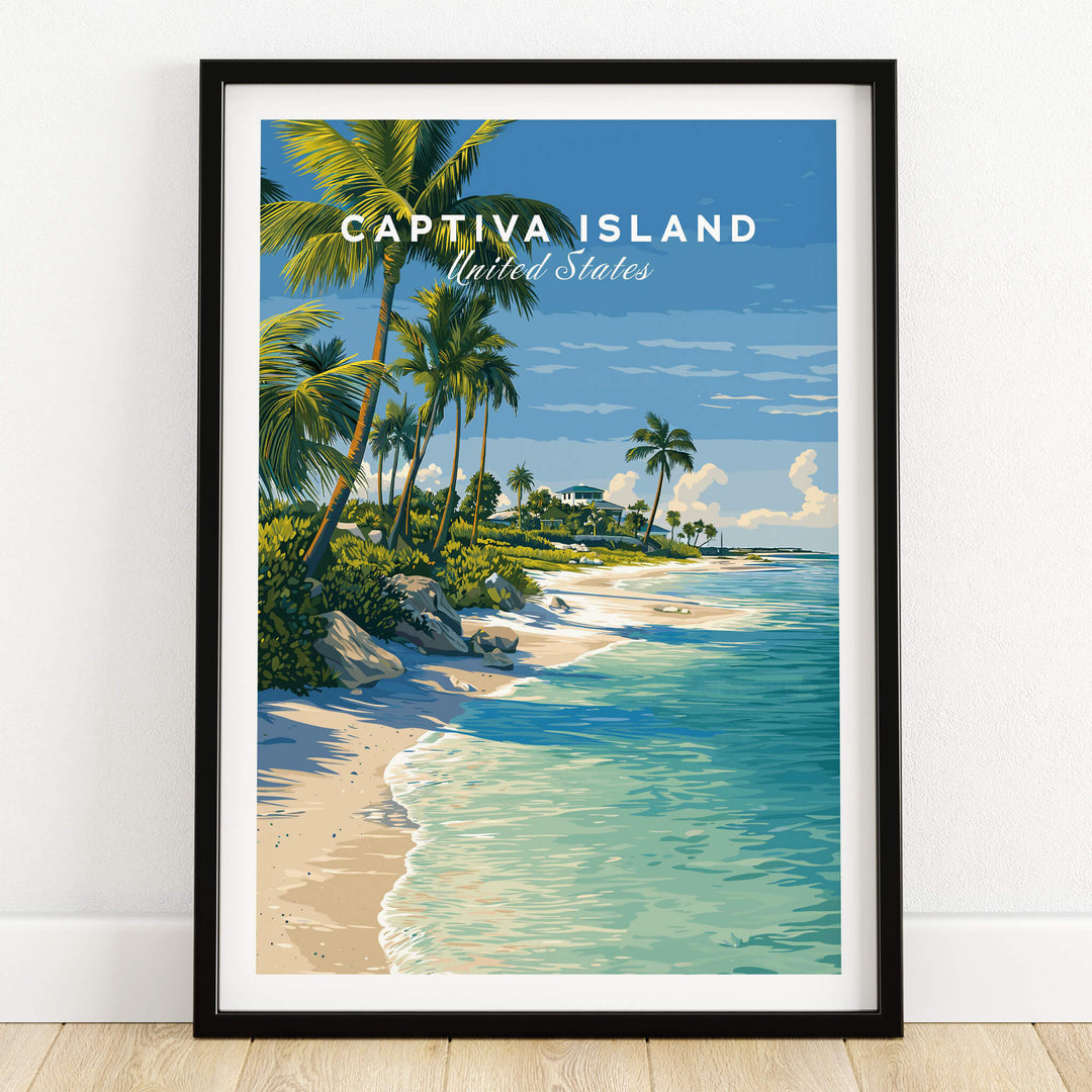Captiva Island Travel Poster – White Sand Beach and Turquoise Water Art with palm trees and coastal scenery