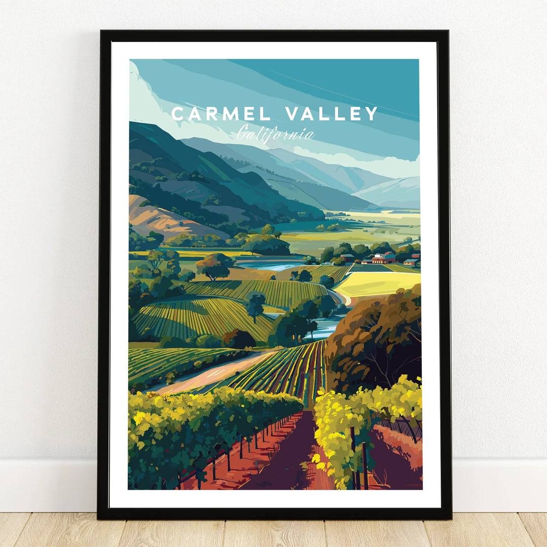 Carmel Valley California art print with scenic vineyard landscape in black frame