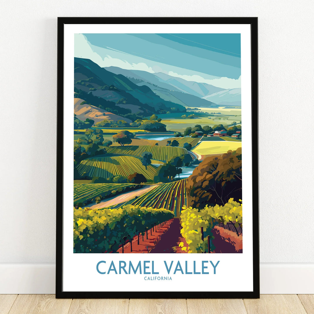 Carmel Valley California art print in black frame, landscape poster with vineyard and mountains.