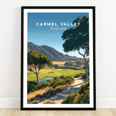Carmel Valley California art print in black frame, landscape wall decor on wooden floor