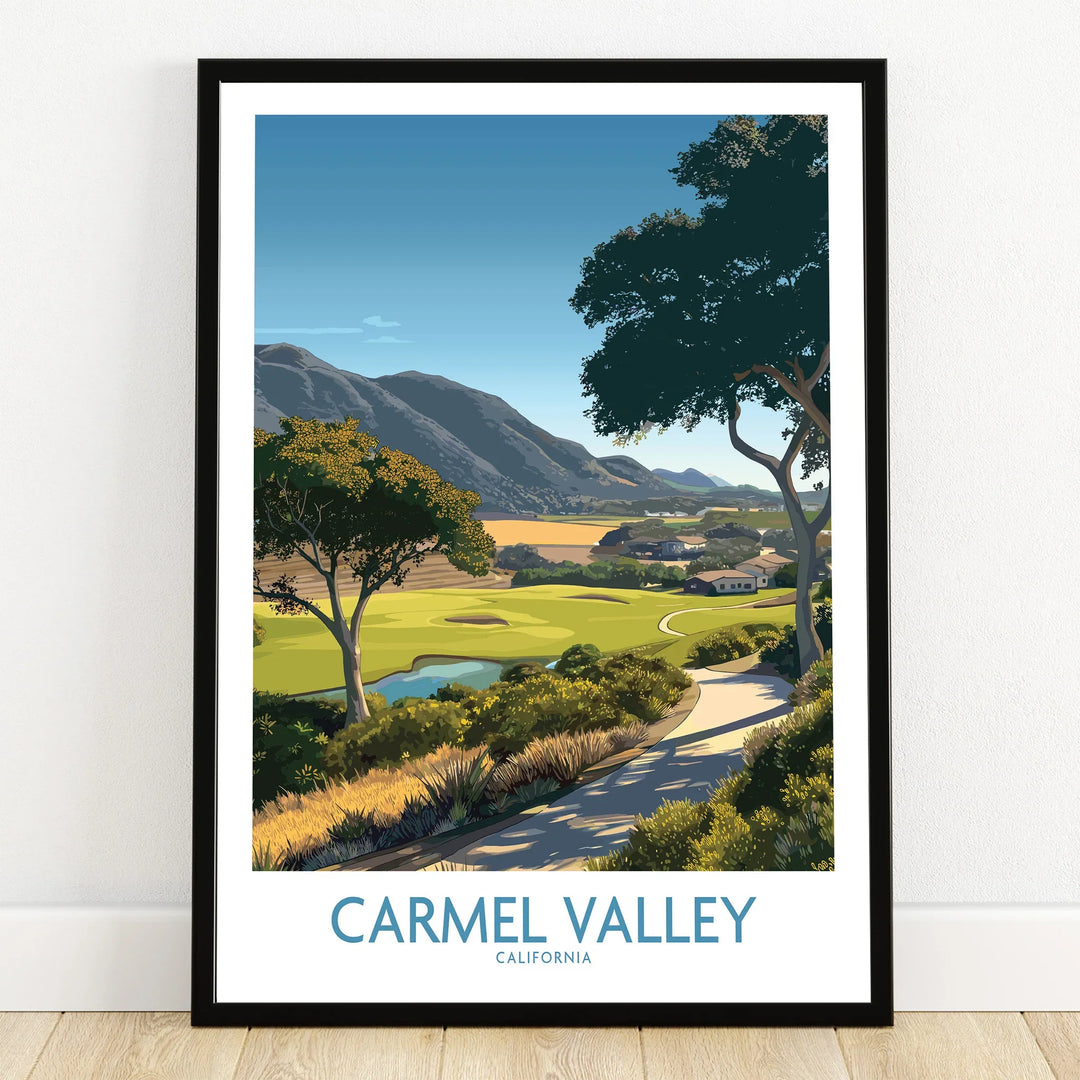 Carmel Valley California travel poster art print in black frame on wooden floor