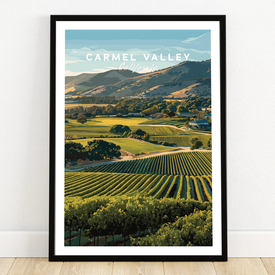 Carmel Valley California art print in black frame, scenic vineyard landscape wall art