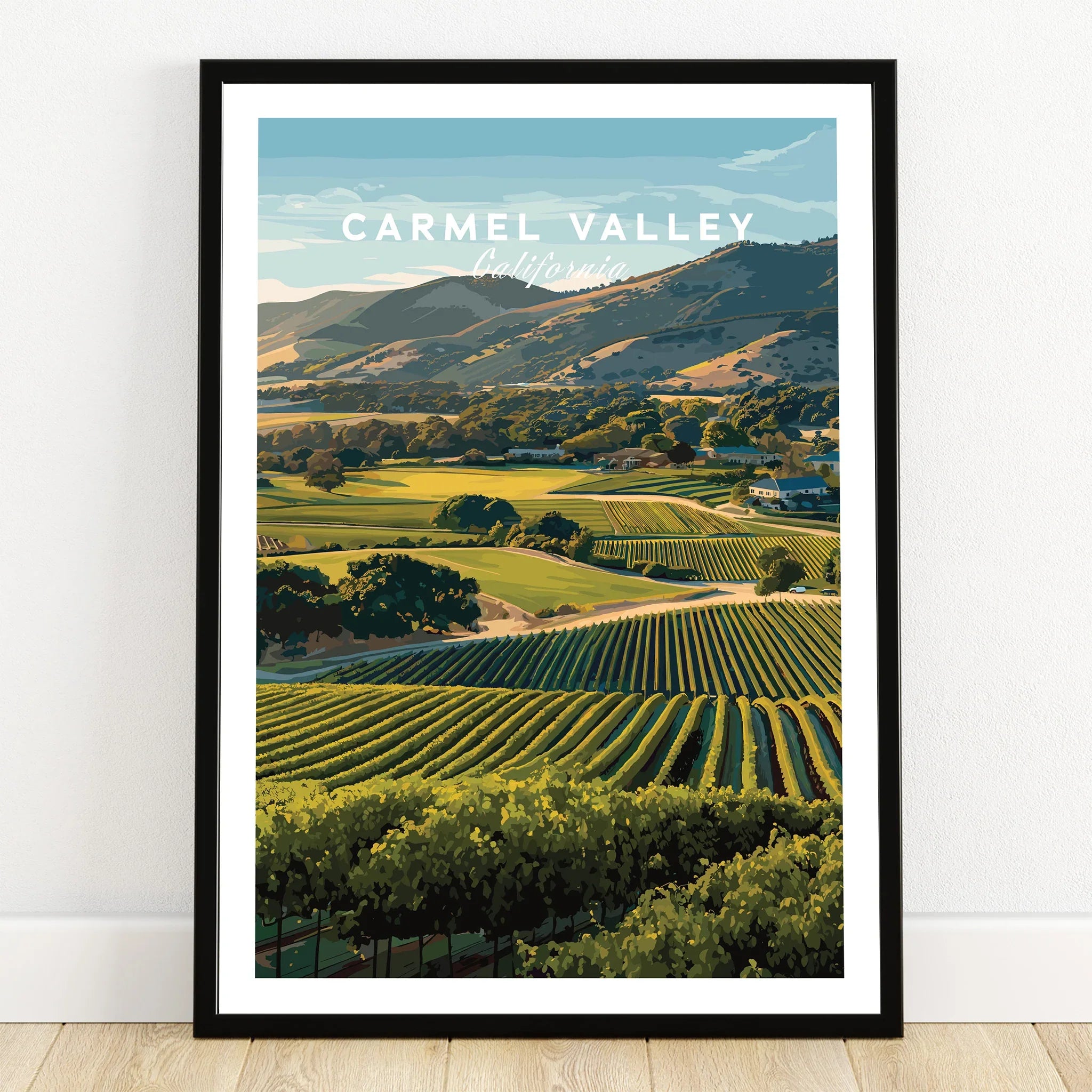 Carmel Valley California art print in black frame, scenic vineyard landscape wall art
