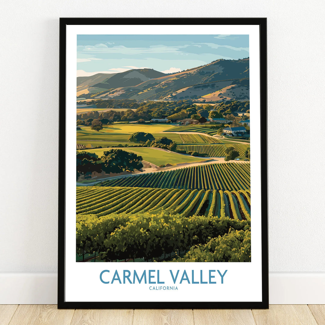 Carmel Valley California art print in black frame with scenic vineyard landscape