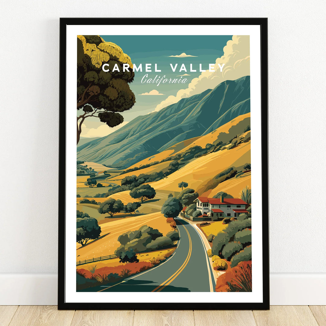 Carmel Valley California art print in black frame, featuring scenic mountains and winding road