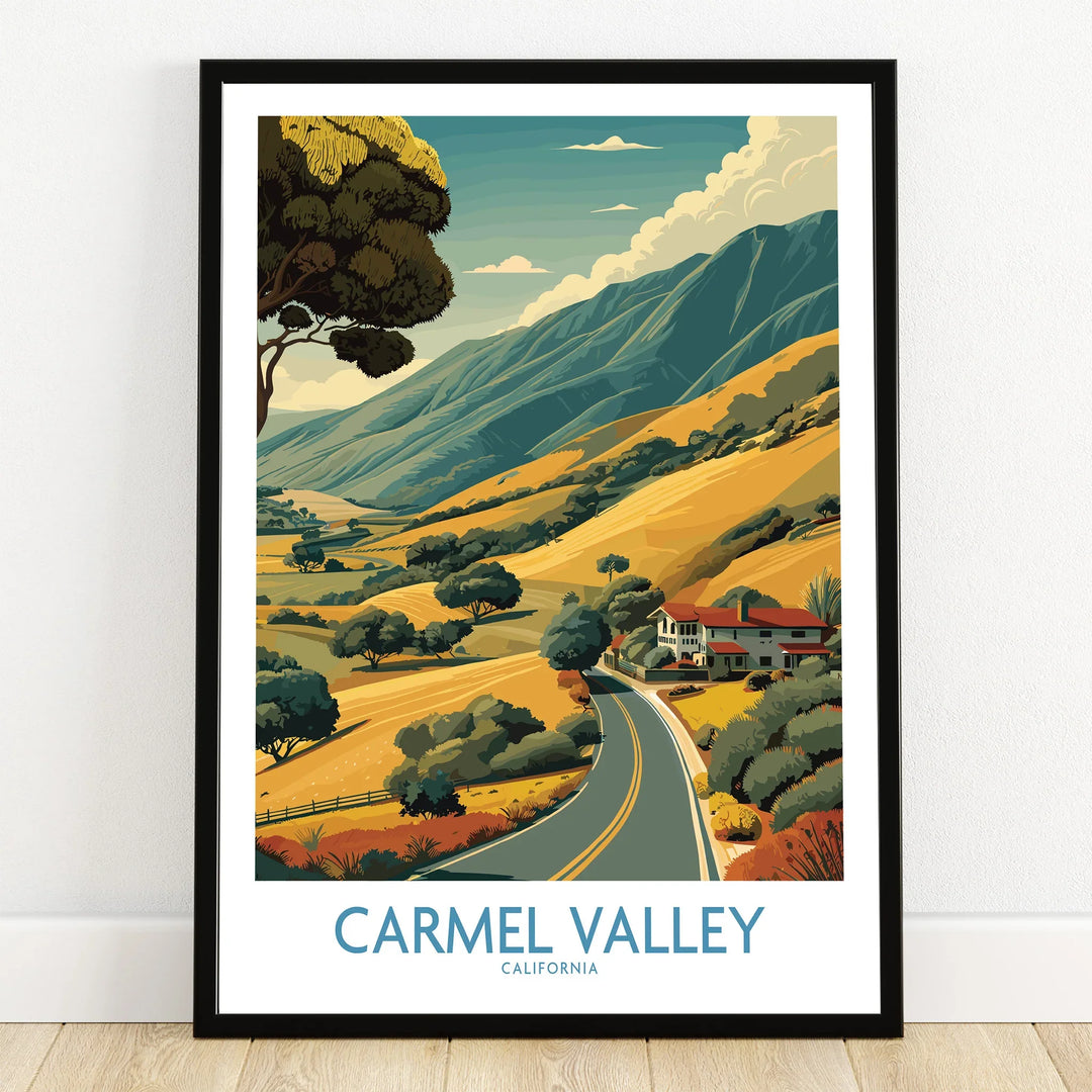 Carmel Valley art print in black frame, showing scenic road, hills, and trees landscape.