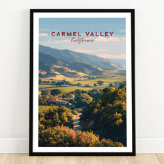Carmel Valley California travel art print in black frame on wooden floor, landscape view