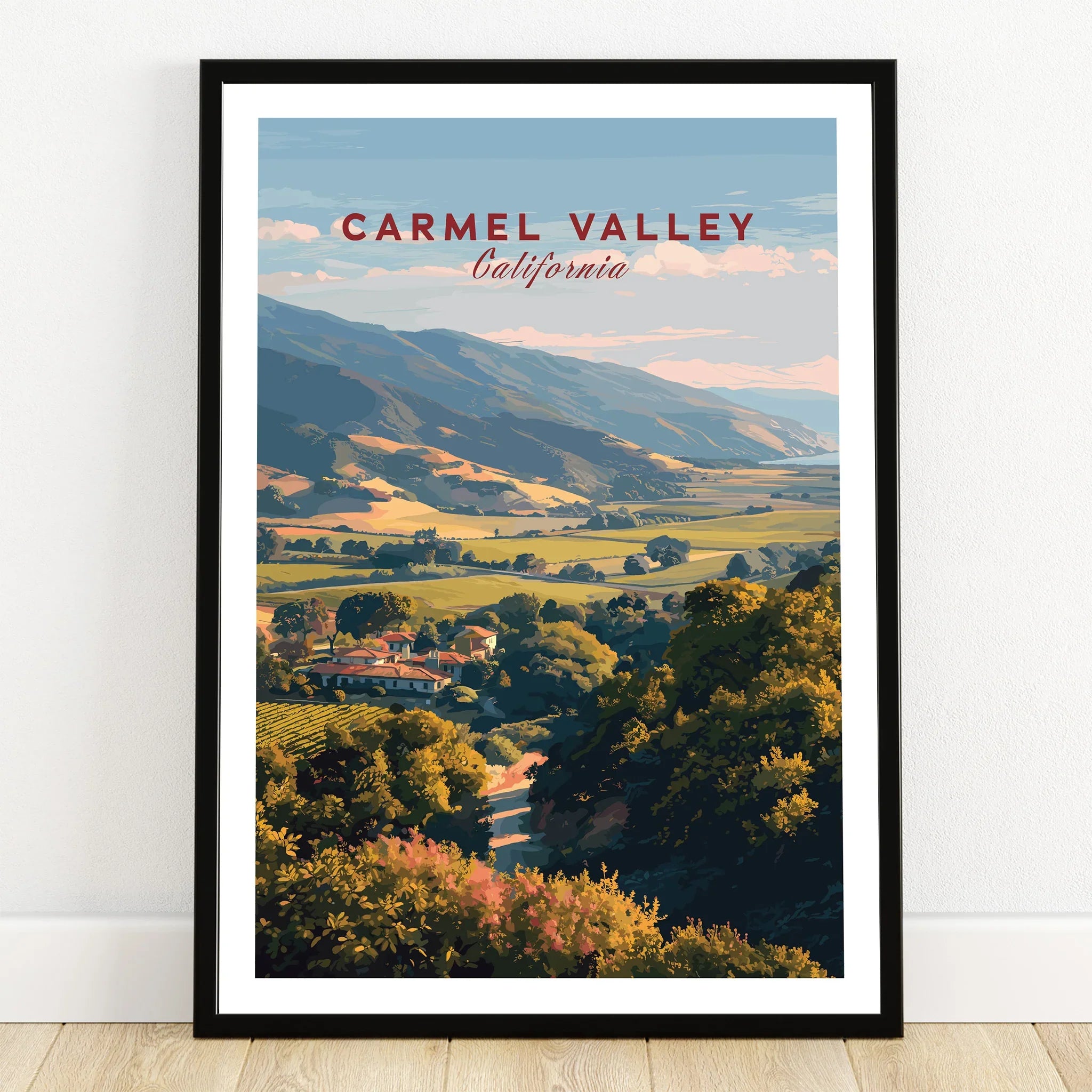 Carmel Valley California travel art print in black frame on wooden floor, landscape view